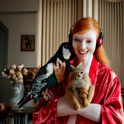 Image similar to a stunning hyper-detailed photo of one slender beautiful smiling woman with long ginger hair and bangs, wearing a luxurious silk robe, wearing headphones and posing with her large ginger tabby cat and her raccoon and parrots in a red overstuffed easy chair in her Victorian living room, holding a porcelain parrot-shaped coffee mug and a donut, perfect eyes, fashion photography, dramatic cinematic lighting, octane render, IBEX Masters, unreal engine, 85 mm lens, paisley wallpaper