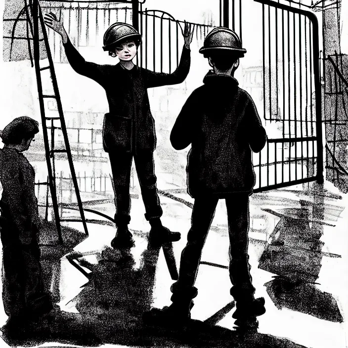 Image similar to [ sadie sink in dirty workmen clothes waves goodbye ] to workmen. near a gate. background : factory, dirty, polluted. technique : black and white pencil and ink. by gabriel hardman, joe alves, chris bonura. cinematic atmosphere, detailed and intricate, perfect anatomy