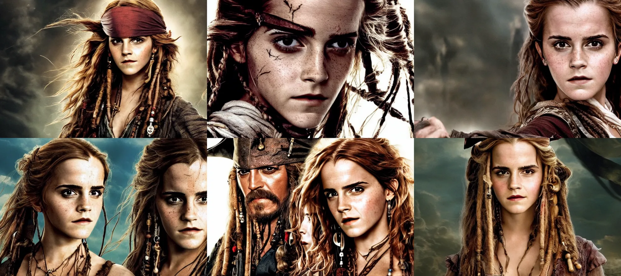 Prompt: promotional image of Emma Watson as a pirate in Pirates of the Caribbean: The Curse of the Black Pearl (2003 film), detailed face, movie still, promotional image, imax 70 mm footage