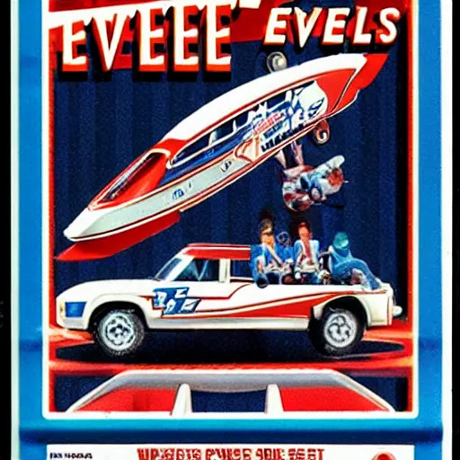 Prompt: evel knievel hotwheels play set, matchbox cars, by mattel, for kids, j. c. penny wish book 1 9 8 2