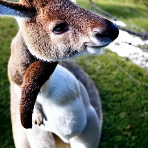 Image similar to a kangaroo and a very cute white rural dog photograph, high quality, award winning