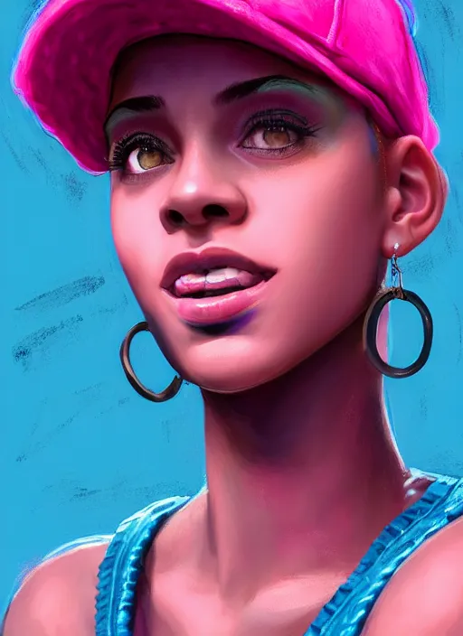 Image similar to portrait of teenage vanessa morgan with bright pink hair, black girl, curly pixie cut hair, wearing newsboy cap, pink short haircut, newsboy cap, hoop earrings, blue eyes, intricate, elegant, glowing lights, highly detailed, digital painting, artstation, concept art, smooth, sharp focus, illustration, art by wlop, mars ravelo and greg rutkowski