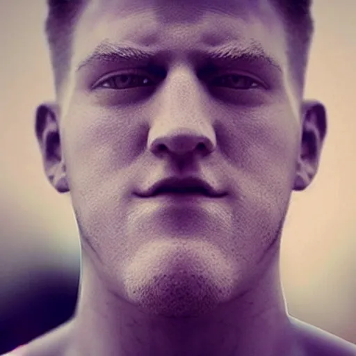 Image similar to “a realistic detailed photo of a guy who is an attractive humanoid who is half robot and half humanoid, who is a male android, football player JJ Watt, shiny skin, posing like a statue, blank stare”