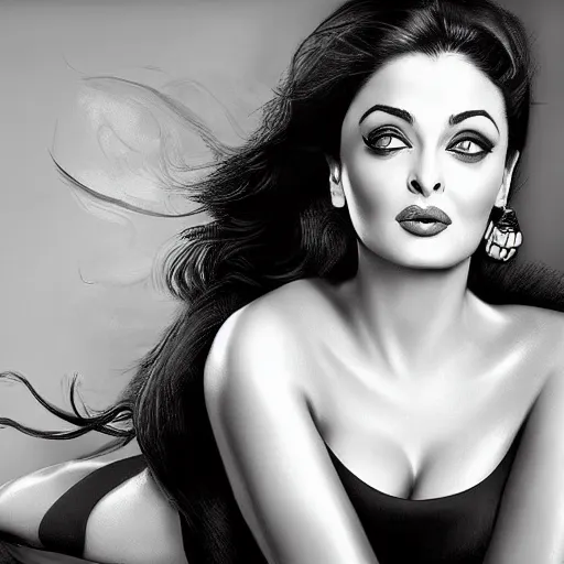 Prompt: beautiful cute Aishwarya Rai, natural beauty expressive pose, art by mark brooks, but as a real life photograph glamour fashion pinup, photorealism cinematic lighting