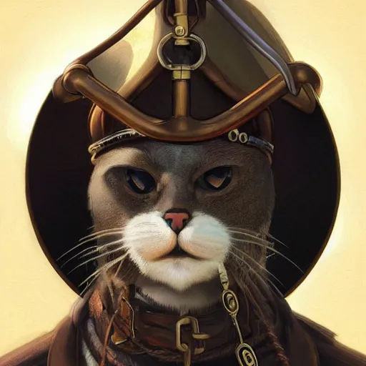 Image similar to portrait, male humanoid cat, monocle over one eye, black fur, pirate, doctor, pirate clothes, d & d, fantasy, intricate, elegant, highly detailed, digital painting, artstation, concept art, matte, sharp focus, illustration, art by artgerm and greg rutkowski and alphonse mucha