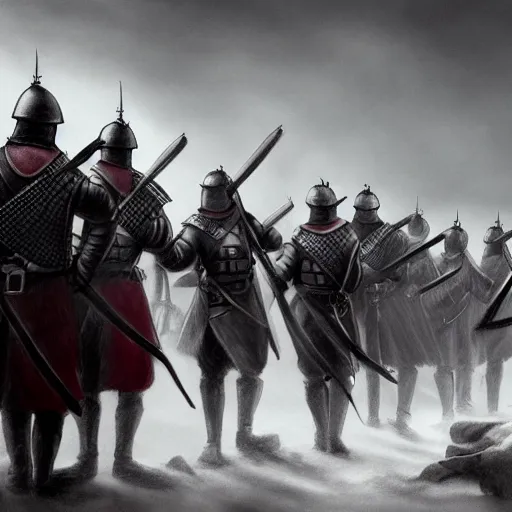 Prompt: realistic, 5 medieval soldiers, in line, pikes, hellbards, banner, flag, mist, picture from behind, epic, digital art, illustration, fantasy, realistic sketch, dark