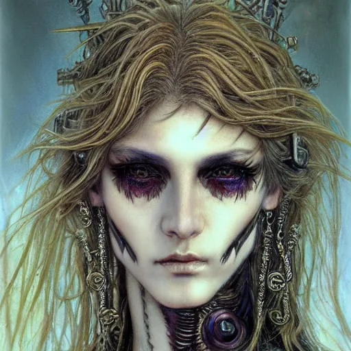 Prompt: an award finning closeup facial portrait by luis royo and john howe of a bohemian androgynous cyberpunk traveller clothed in excessively fashionable 8 0 s haute couture fashion and wearing ornate art nouveau body paint