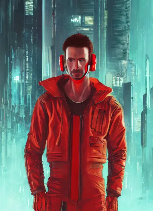 Image similar to cyberpunk character wearing jumpsuit and red jacket and cyberpunk headset. ( blade runner 2 0 4 9, dystopian, cyberpunk 2 0 7 7 character design ). attractive face. portrait by james gurney and laurie greasley, oil on canvas. cinematic, hyper realism, realistic proportions, full view, dramatic lighting, high detail 4 k