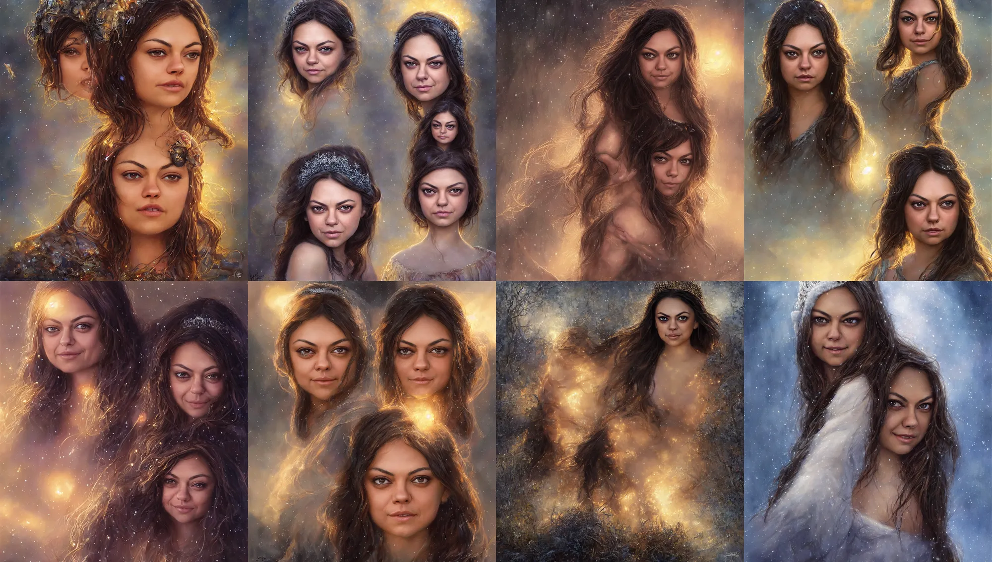 Prompt: big - eyed mila kunis winter princess smiling intensely into the camera, sundown golden hour firefly wisps, steve hanks, charlie bowater, mark brooks, steve henderson, justin gerard, mark keathley, victor nizovtsev, tom bagshaw, krenz cushart, ross tran, focal length : 2 0 0. 0 mm