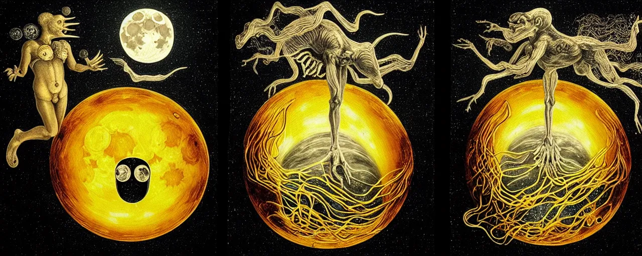 Image similar to a surreal creature with a mouth of gold radiates a unique canto'as above so below'to the moon, while being ignited by the spirit of haeckel and robert fludd, breakthrough is iminent, glory be to the magic within, in honor of saturn, painted by ronny khalil