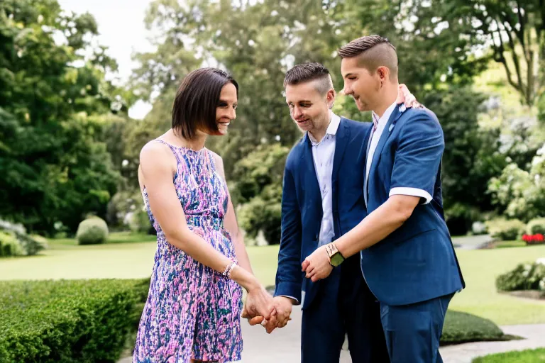 Prompt: beautiful 3 5 year old female president alone in the white house rose garden with her two boyfriends, holding hands, professional photo, dslr, bokeh, romantic