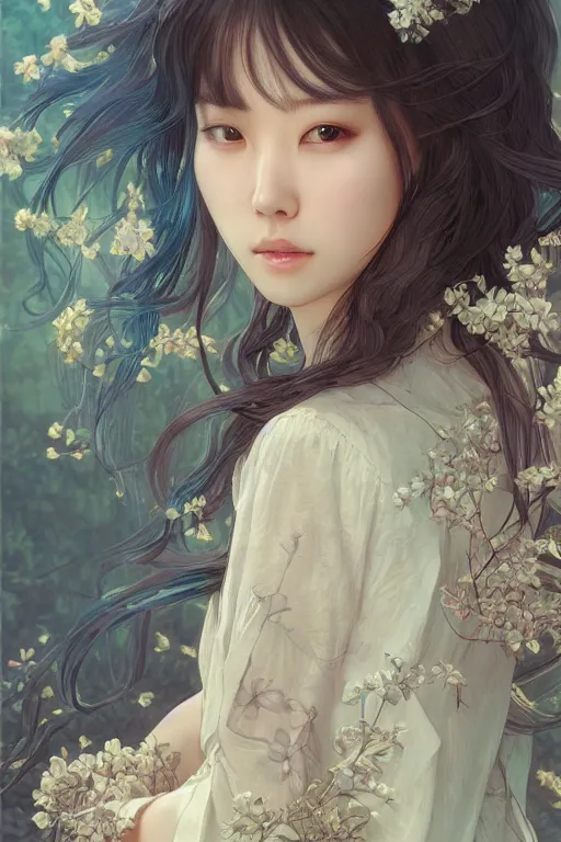 Image similar to beautiful cottagecore BTS k-pop band, phone wallpaper. intricate, elegant. the background is babylue !. highly detailed, digital painting, artstation, concept art, smooth, sharp, focus, illustration. . art by artgerm and greg rutkowski and alphonse mucha