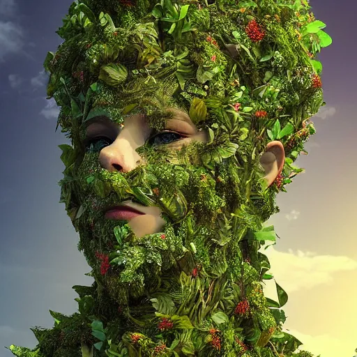 Image similar to Giant Mother Nature made of vines and leaves and a crown made of flowers towering over a tropical island, Dramatic Lighting, Trending on Artstation HQ, 4K, UHD.