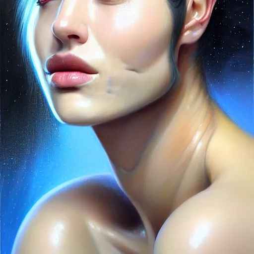 Image similar to portrait of a scarred very beautiful woman with a large obvious scar across her cheek and lips, very very beautiful, wearing futuristic interstellar spacesuit, Alexandria's genesis, chin-length hair, bored, illustration, soft lighting, soft details, hyper realism, high detailed, painting oil on canvas by mark arian by artgerm, trending on artstation, 4k, 8k, HD