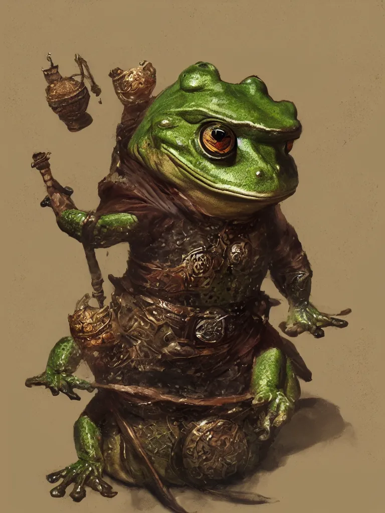 Image similar to Portrait of a medieval humanoid frog dressed like a wizard and carrying magic trinkets, painted by Craig Mullins, trending on ArtStation