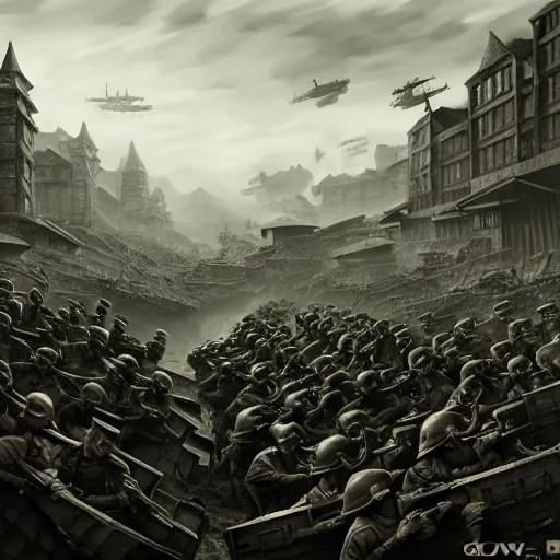 Image similar to the WW2 in roblox, photo from 1940s, very detailed, fantasy, dramatic, intricate, elegant, highly detailed, digital painting, artstation, concept art, smooth, sharp focus, illustration, art by Gustave Dore, octane render