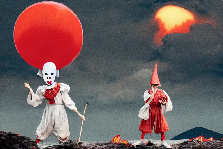 Image similar to pennywise as pulcinella! making pizza, vesuvius spewing lava in the background, glowing pools of lava, dark cloudy sky, by esao andrews, by james jean, full body, wide angle, post - apocalyptic, hyperrealistic, big depth of field, 3 d octane render, 4 k, perfect symmetrical face, masterpiece, hyperrealistic, trending on deviantart