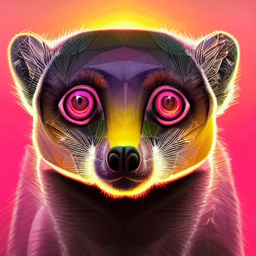 Image similar to Geometric symmetrical lemur, sun in the background, intricate, elegant, highly detailed, digital painting, artstation, concept art, smooth, sharp focus, illustration, art by artgerm