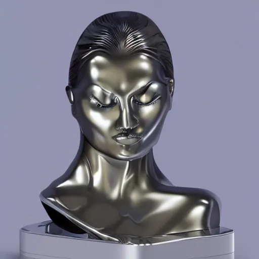 Image similar to 3 d sculpture made of liquid metal by zaha hadid enveloping a realistic female face, white background