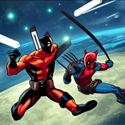 Prompt: Wolverine and Deadpool playing a videogame on board of a spaceship flying in space with Earth on the background