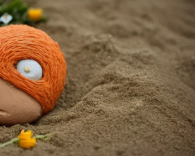 Image similar to 8 5 mm food photography of naruto made of sand near a garden with dof and bokeh and flowers o