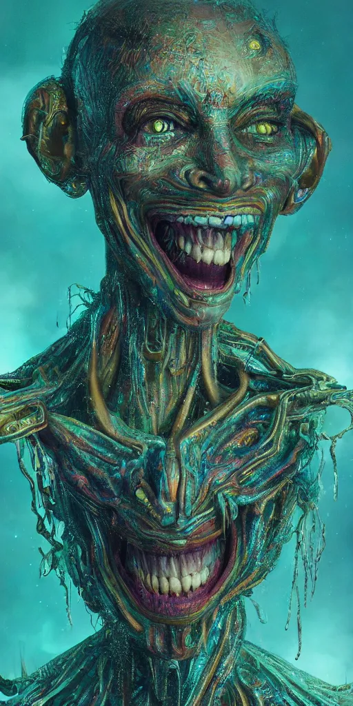 Prompt: impossibly beautiful portrait of alien shapeshifter entity, insane smile, intricate complexity, surreal horror, inverted neon rainbow drip paint, trending on art station, photoreal, 8 k, octane render by greg rutkowski
