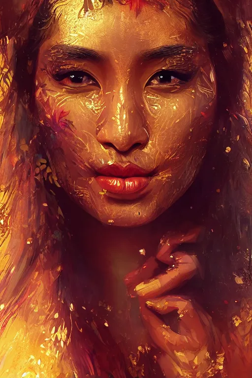 Image similar to stunningly beautiful, nepali dancer in jungle, symmetrical face, golden hour, smooth, focus, highly detailed, hyper realistic, dramatic lighting, elegant, intricate, concept art, art by wlop, mars ravelo, greg rutowski, artstation