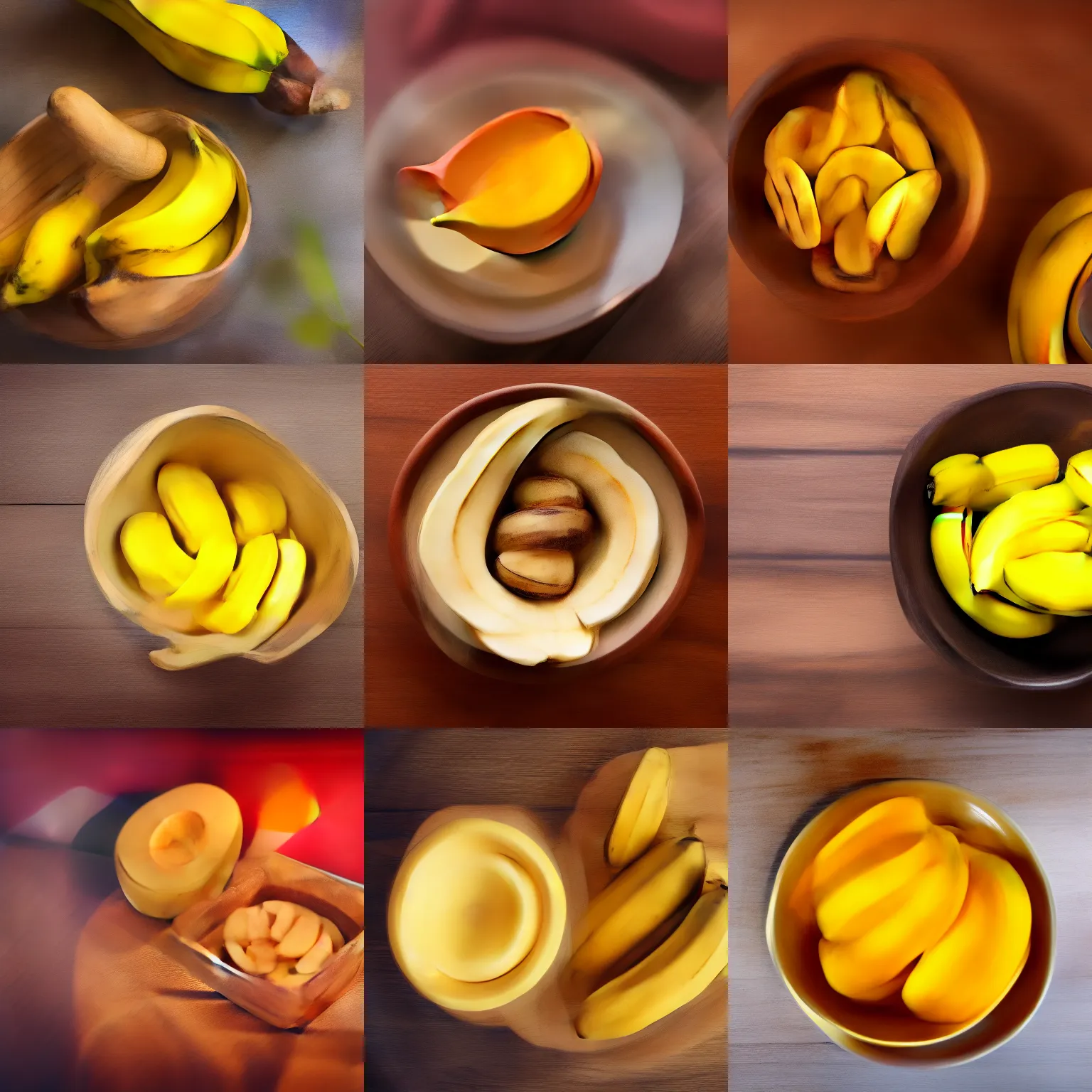 Prompt: a bowl of banana is on wooden table