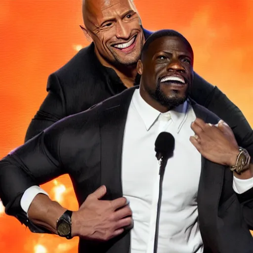 Prompt: ahighly detect photo of Dwayne Johnson holding Kevin Hart up by the neck