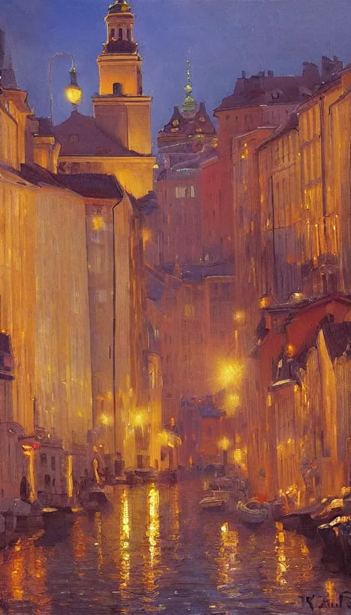 Image similar to still-life painting of Gamla Stan at sunset, by Peder Krøyer, golden hour, dramatic lighting, volumetric lighting, intricately detailed, canvas print