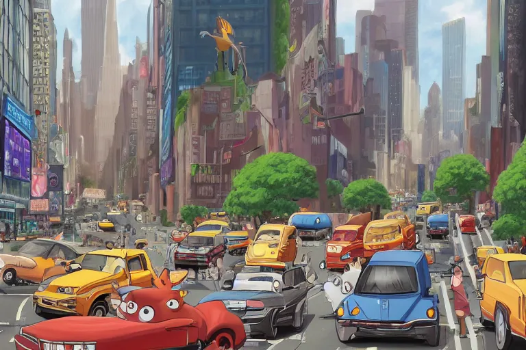 Image similar to catbus stuck in new york traffic jam. 4 k digital paint by studio ghibli hayao miyazaki. very sharp and detailed. trending on artstation and behance.