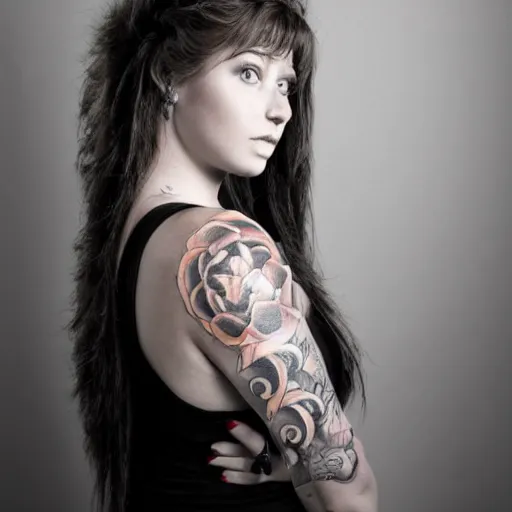 Image similar to big girl, long hair, tattooed face, photo