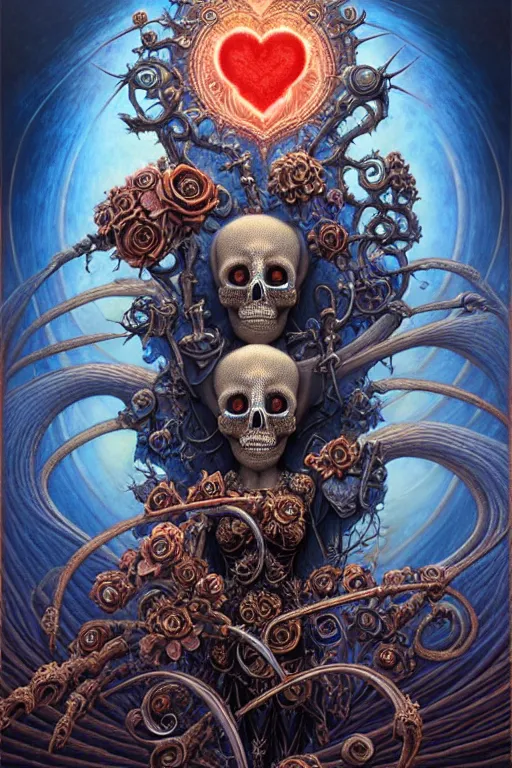 Image similar to A beautiful detailed godness super cute tarot card love and death and robots, by tomasz alen kopera and Justin Gerard, symmetrical features, ominous, magical realism, texture, intricate, ornate, royally decorated, mechanic, skeleton, whirling smoke, embers, red adornements, blue torn fabric, radiant colors, fantasy, trending on artstation, volumetric lighting, micro details, 3d sculpture, ray tracing, 8k, anaglyph effect, digital art