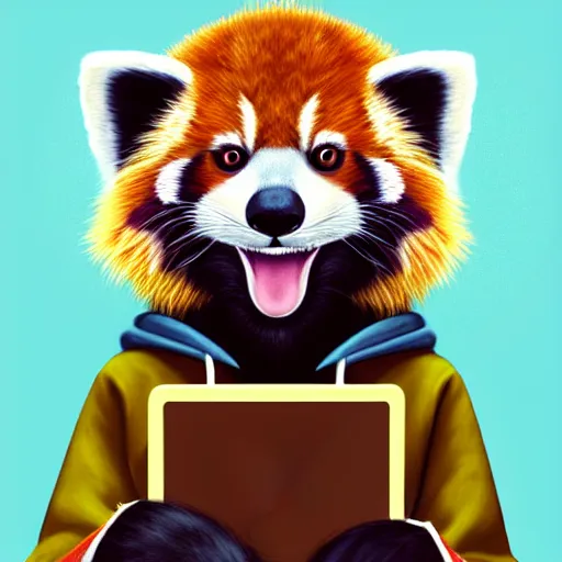 Image similar to beautiful portrait commission of a female furry anthro red panda wearing a yellow hoodie while typing on a laptop, trending on artstation