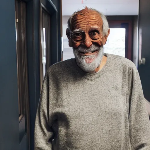 Prompt: an smiling old man camouflaged in a hallway