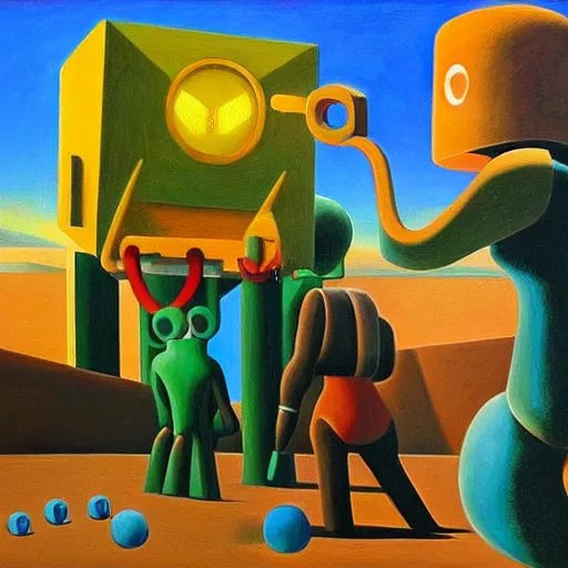 Prompt: infinite whack - a - mole with robots, grant wood, pj crook, edward hopper, oil on canvas