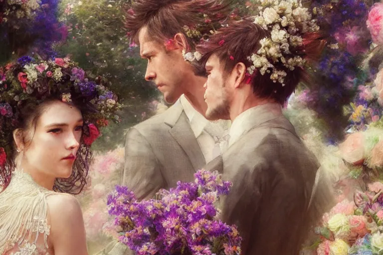 Image similar to the groom look at the bride at a wedding full of flowers, bright and happy, dreamlike art, highly detail, 4 k realistic, wedding photoy krenz cushart, artem demura, yoji shinkawa artgerm, jon lothian, danilo torres. adi meyers. thomas reimann. gaston bussiere.