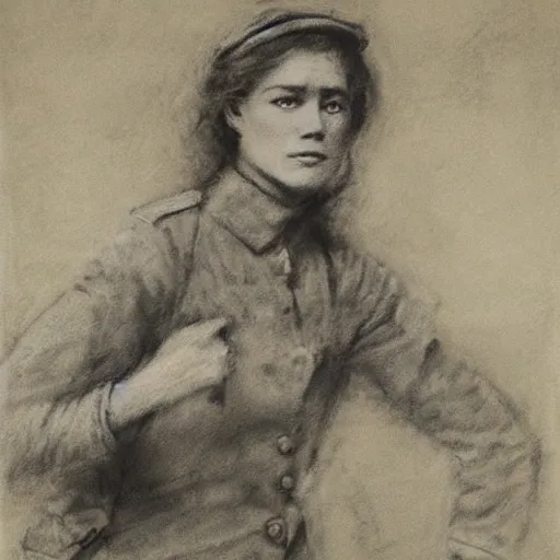 Image similar to ww 1 action heroine, by alfred stevens in charcoal