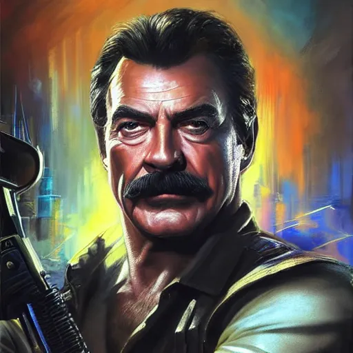 Image similar to ultra realistic head and shoulders portrait painting of tom selleck as johnny silverhand in cyberpunk 2 0 7 7, art by frank frazetta, 4 k, ultra realistic, highly detailed, epic lighting