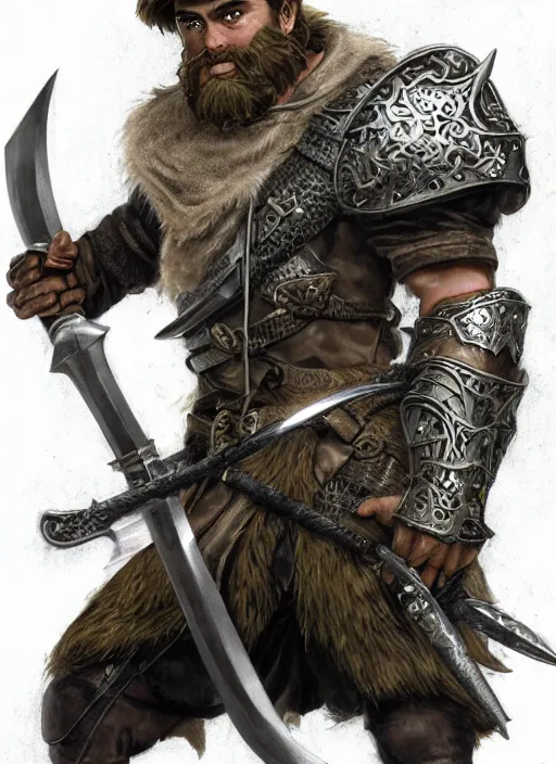 Image similar to strong young man, photorealistic bugbear ranger holding aflaming sword, black beard, dungeons and dragons, pathfinder, roleplaying game art, hunters gear, jeweled ornate leather and steel armour, concept art, character design on white background, by alan lee, norman rockwell, makoto shinkai, kim jung giu, poster art, game art