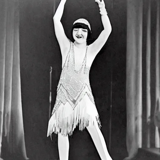 Prompt: realistic photograph of flapper from 1 9 2 0 dancing on stage at great gatsby like party