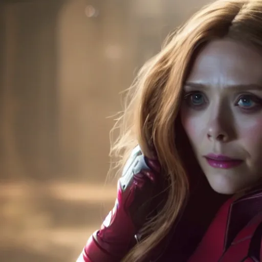 Prompt: Elizabeth Olsen as the Scarlett Witch in Avengers: Secret Wars, Marvel Studios, Cinematic, Epic shot, 8K quality.