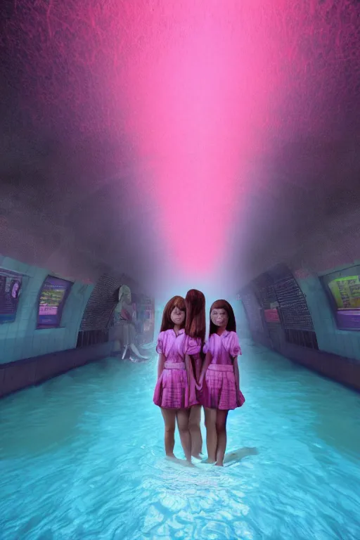 Image similar to 3d realistic dramatic infrared photo of two schoolgirls sisters with a realistic face standing in a dark subway station under water in Japan. Close-up portrait. There are pink palm trees and translucent glow jellyfish flying around. Volumetric composition. Pastel colors in the style of Hiro Kiyohara, redshift, octane, trend artstation, cinematic, hyper realism, high detail, 8k