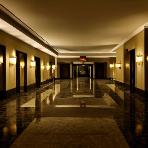 Prompt: empty dark spooky hotel lobby, 8K, realistic, liminal space, creepy, low light