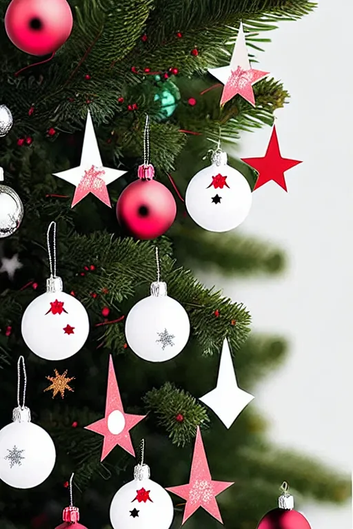 Image similar to flat sticker scandi christmas tree with kitsch glitzy baubles and stars and christmas robin bird decorations, silver pink white red mood, smooth sharp focus