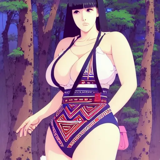 Image similar to a beautiful plus sized model japanese natalie portman, alluring plus sized model, wearing mayan leotard with elegant mayan apron overalls, street fashion hip hop style with mayan patterns, aztec street fashion, gapmoe yandere grimdark, trending on pixiv fanbox, painted by greg rutkowski makoto shinkai takashi takeuchi studio ghibli, akihiko yoshida