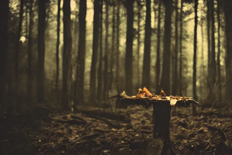 Image similar to terrible dark forest in the depths of which there is a thick butcher in a dirty shirt, chopping meat on a wooden stump, filmed hidden on a phone camera, Cinematic, wildlife photography, 35mm, photo on iphone