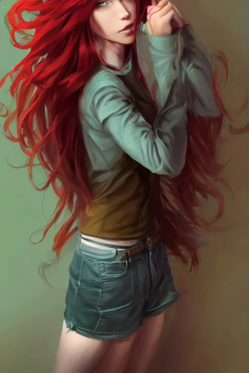 Prompt: beautiful cute red haired joyful and playful nineteen year old maiden standing up in casual green clothing, long hair, attractive face, modern city, comic book, rpg character, sci - fi, intricate, elegant, digital painting, artstation, concept art, smooth, 8 k frostbite 3 engine, ultra detailed, art by artgerm, greg rutkowski, magali villeneuve