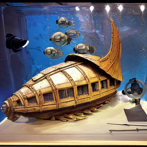 Prompt: hyper realistic full side view of captain nemo's steampunk nautilus submarine designed to look like a fish with fins, porthole windows, retrocore, cyber steampunk 8 k 3 d