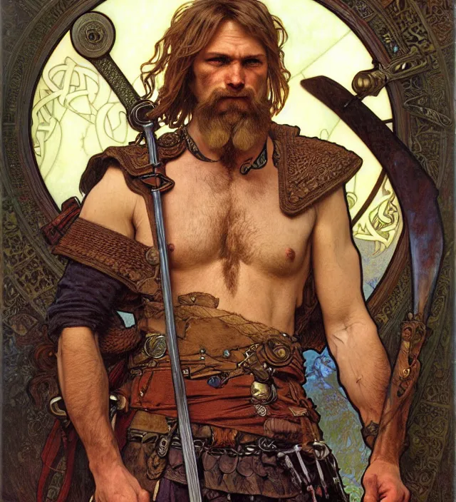 Prompt: realistic detailed face portrait of a rugged handsome viking warrior prince by alphonse mucha, ayami kojima, amano, greg hildebrandt, and mark brooks, male, masculine, art nouveau, neo - gothic, gothic, character concept design